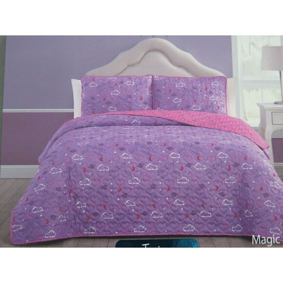 Wonder Studio "Magic Night" Unicorn Purple & Pink 2 pc. Twin Bed Quilt Set $140+ - Picture 4 of 8